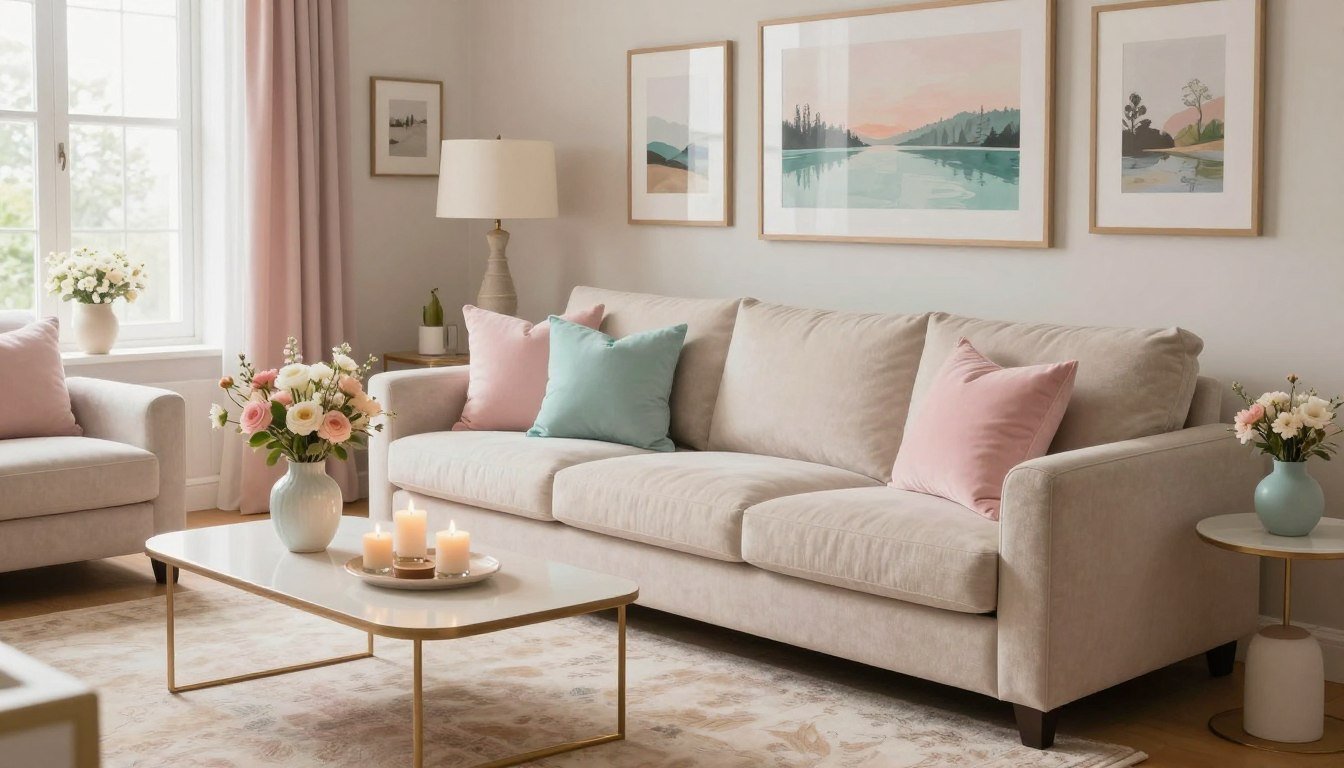 Décoration intérieur élégant salon moderne et chaleureux avec canapé beige