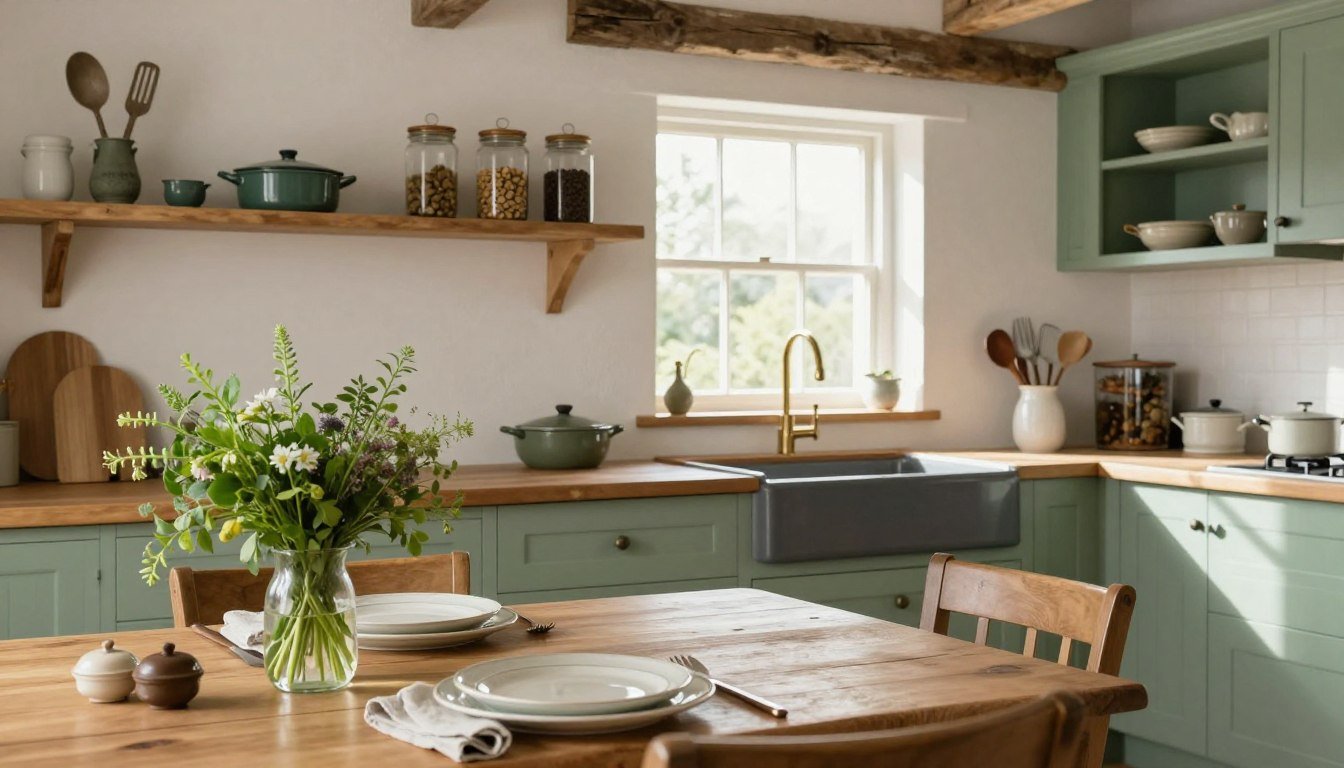 Cuisine moderne vert sauge avec table en bois naturel