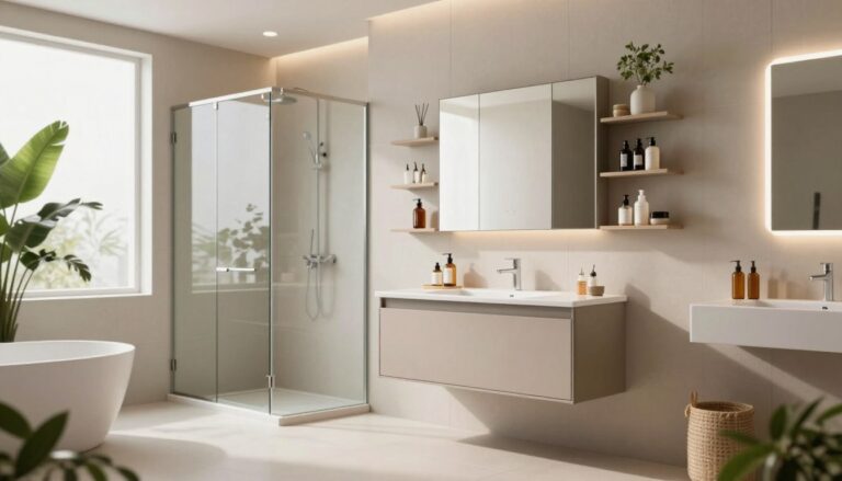 Petite salle de bain moderne et cosy avec douche et éclairage chaleureux