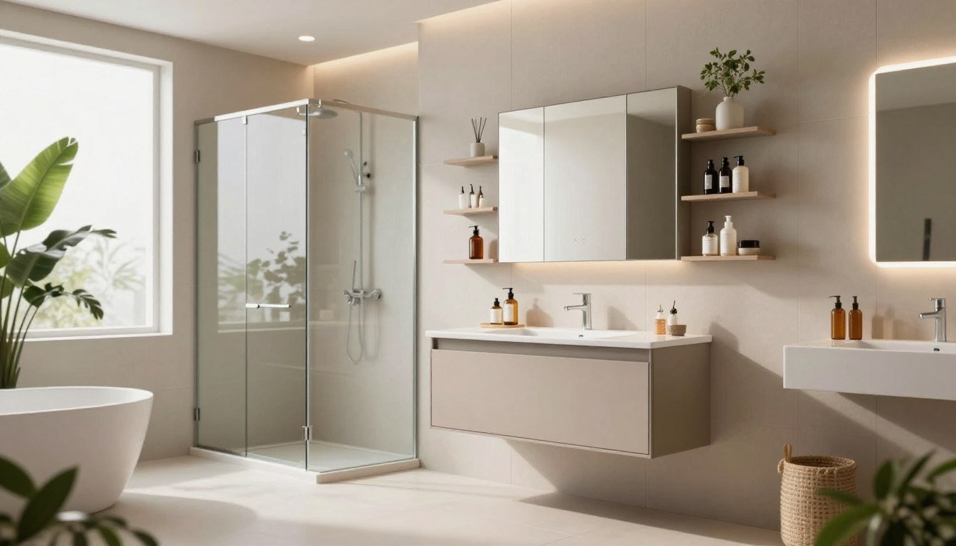 Petite salle de bain moderne et cosy avec douche et éclairage chaleureux