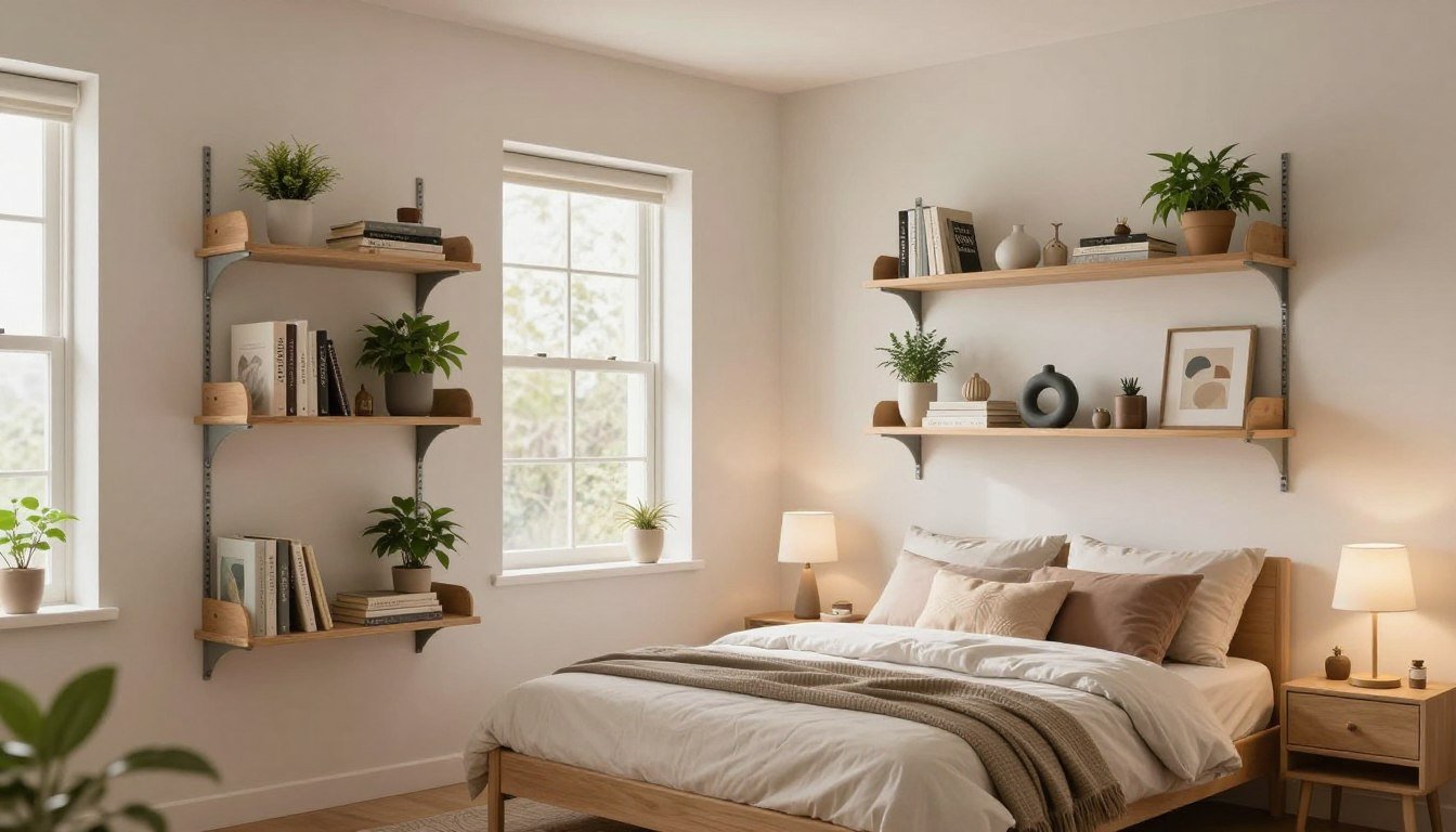 Idée d'aménagement petite chambre moderne avec étagères murales