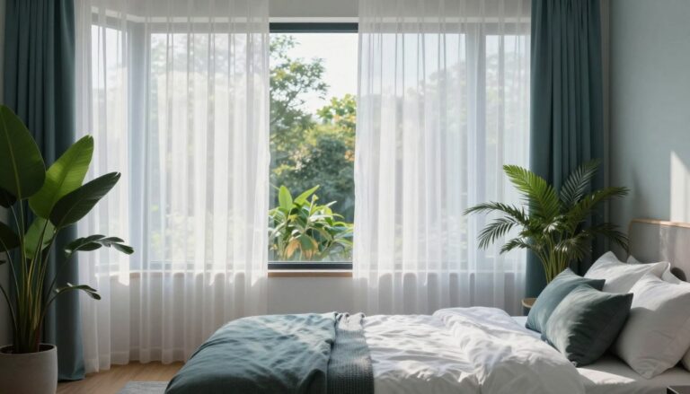 Une chambre à coucher cocooning fraîche et aérée pour l'été avec de grandes fenêtres