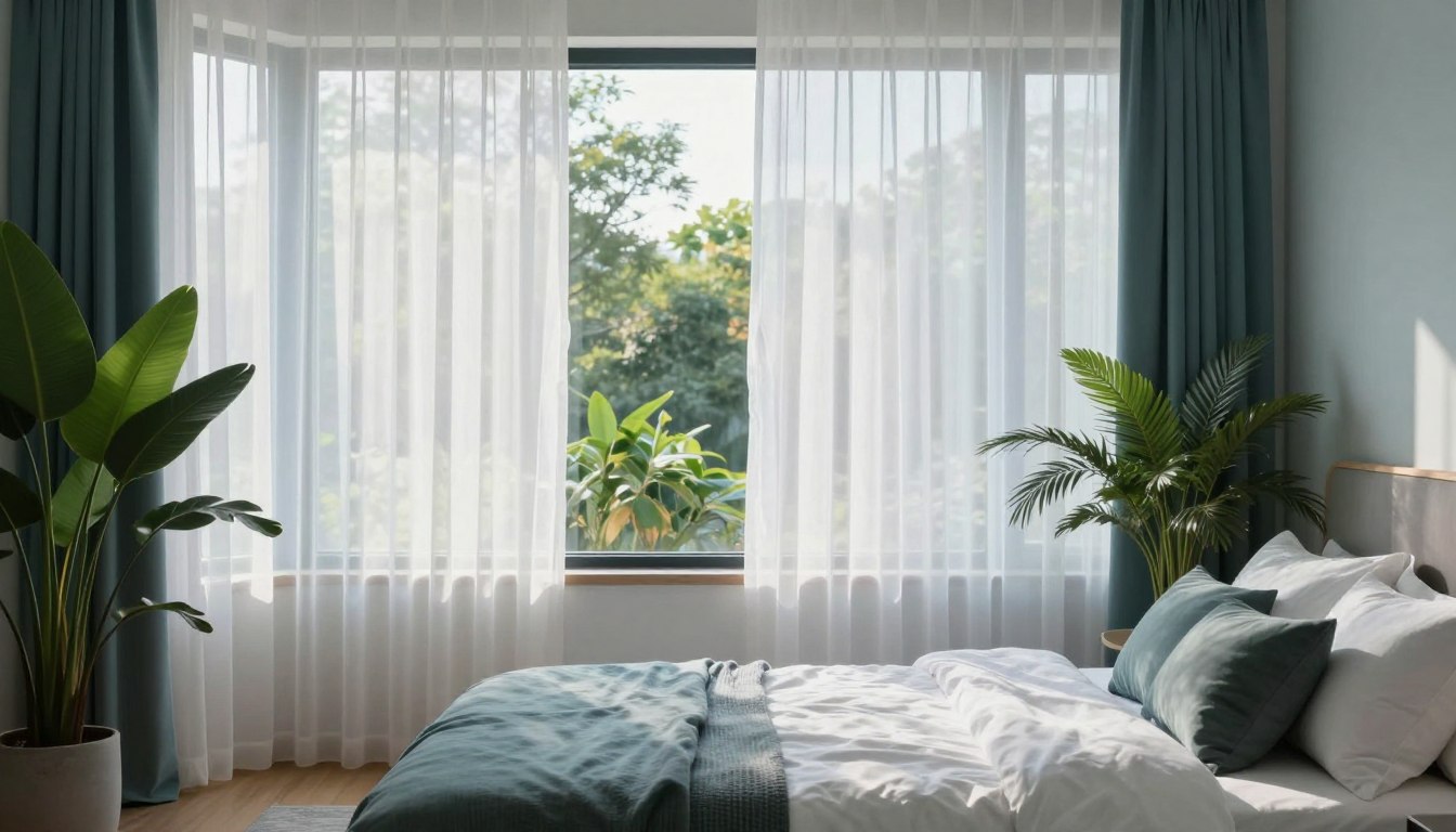 Une chambre à coucher cocooning fraîche et aérée pour l'été avec de grandes fenêtres