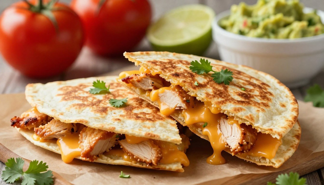Un dîner express avec 4 ingrédients, présentant des quesadillas croustillantes au poulet et cheddar.