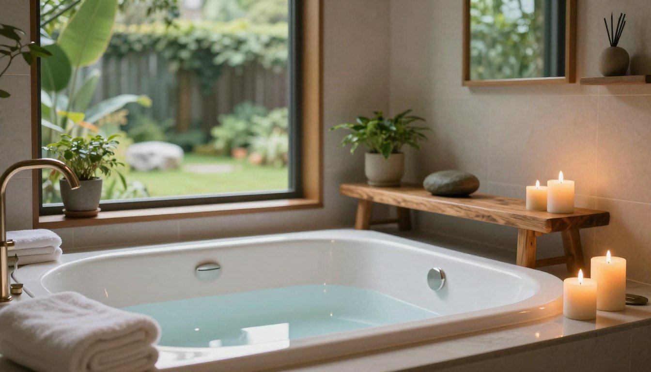 Une salle de bain moderne, zen et cocooning avec une grande baignoire, des bougies allumées et une vue sur un jardin verdoyant.
