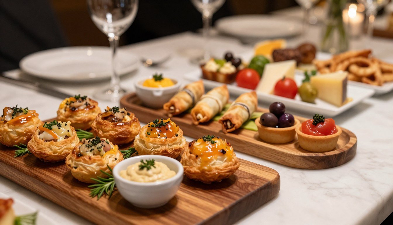 Un apéro chic avec de la pâte feuilletée, présentant des bouchées croustillantes sur une planche en bois.