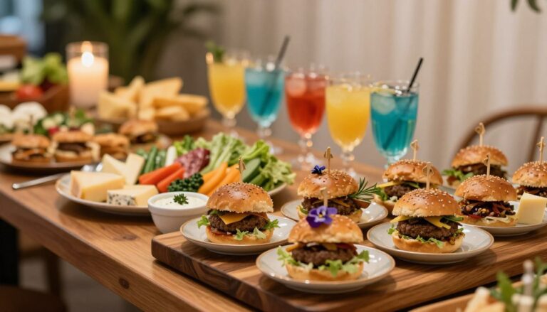 Mini-burgers prestige présentés sur un buffet d'apéritif chic avec des boissons colorées.