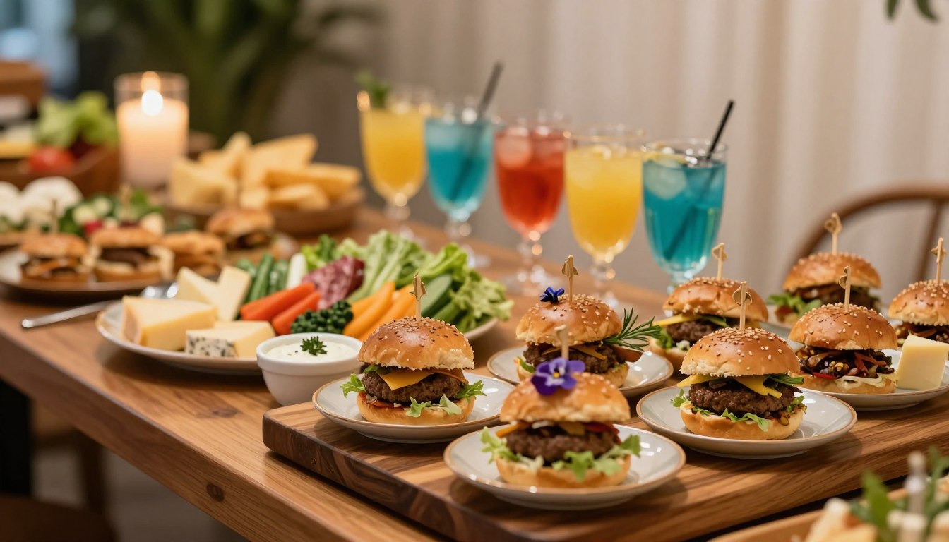 Mini-burgers prestige présentés sur un buffet d'apéritif chic avec des boissons colorées.