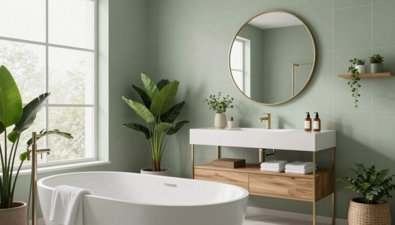 Aménagement d'une salle de bain moderne vert sauge avec baignoire blanche et meuble vasque en bois.