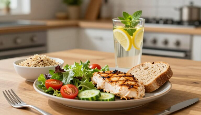 Dîner léger et sain composé de poulet grillé et de légumes frais pour une digestion facile.