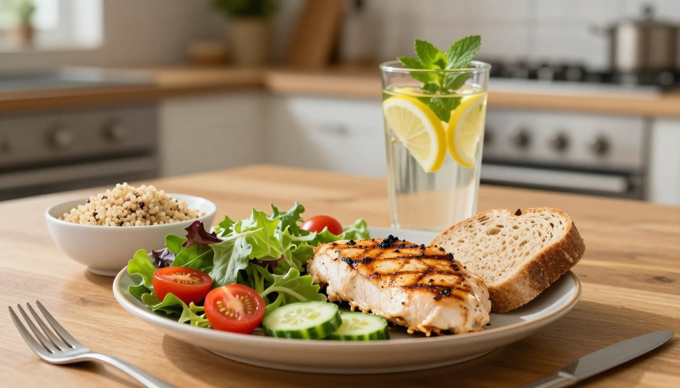 Dîner léger et sain composé de poulet grillé et de légumes frais pour une digestion facile.