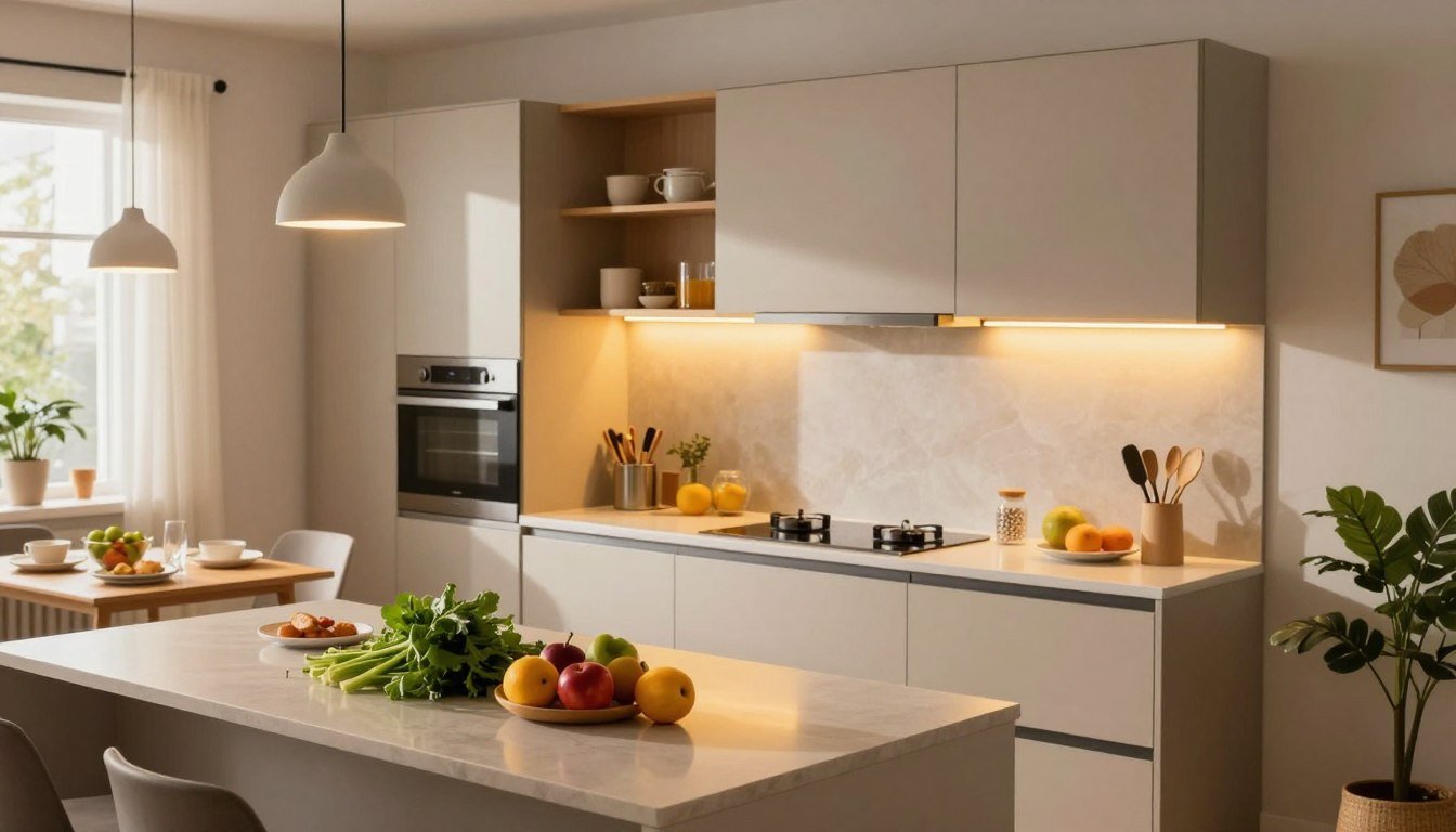 Une petite cuisine moderne bien aménagée avec des étagères et un éclairage chaleureux