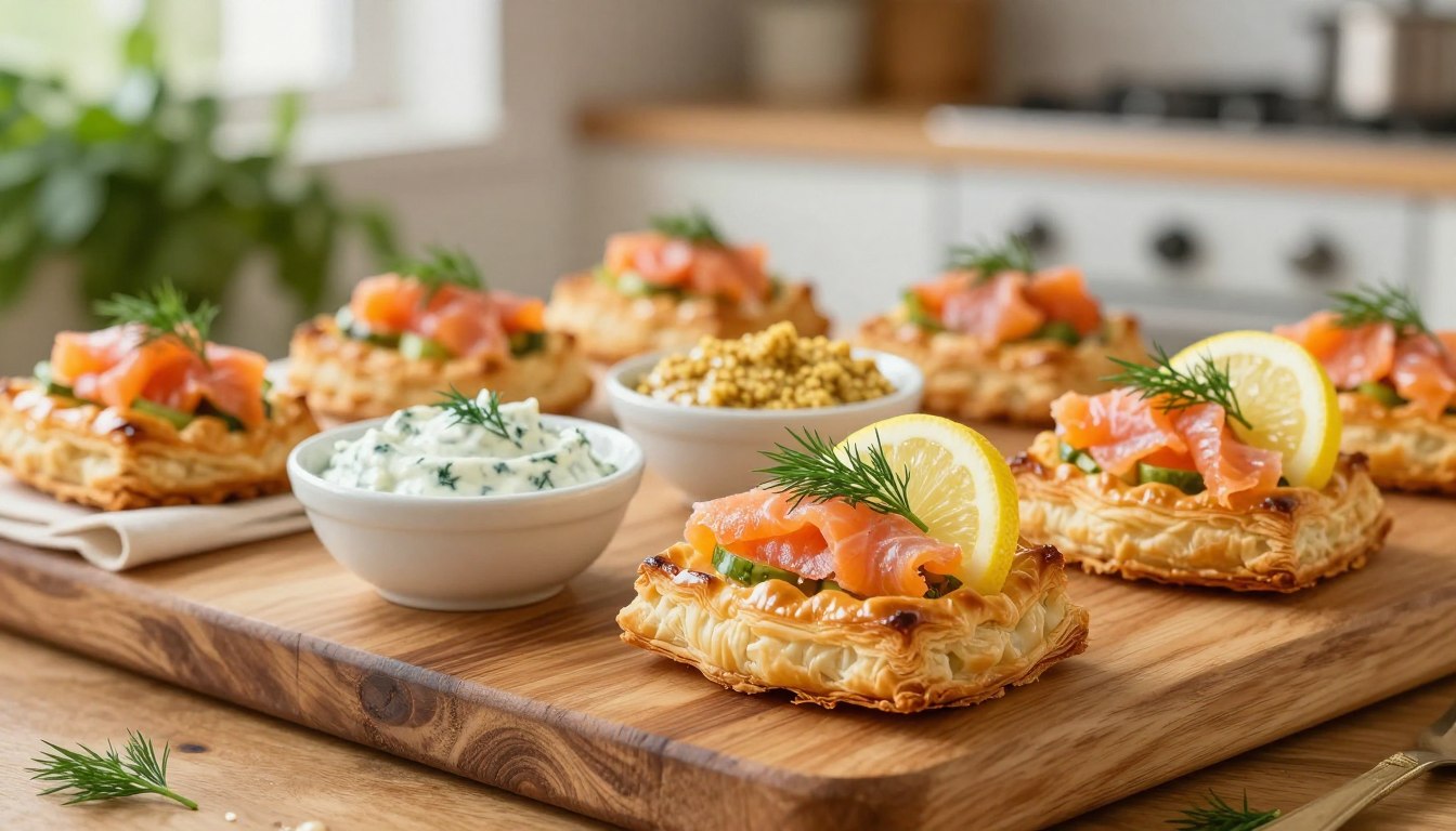 Feuilleté apéro chic au saumon croustillant sur une planche en bois.