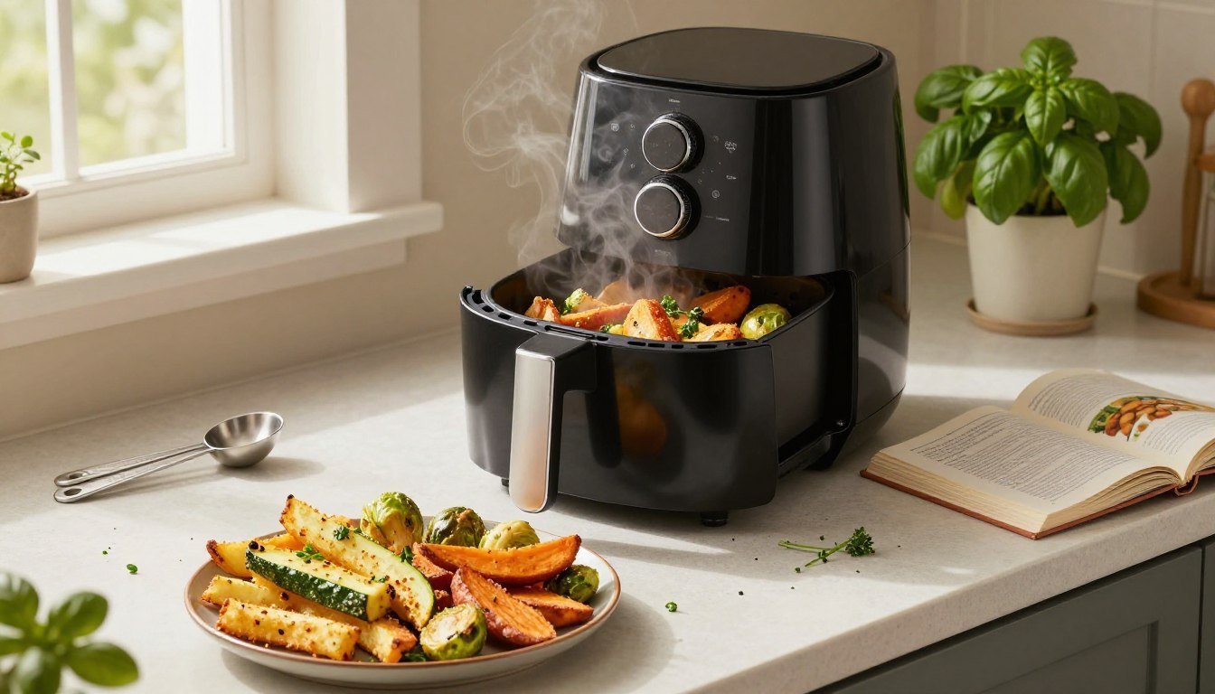 Une friteuse sans huile Air Fryer noire sur un plan de travail de cuisine, avec un plat de légumes rôtis à côté.