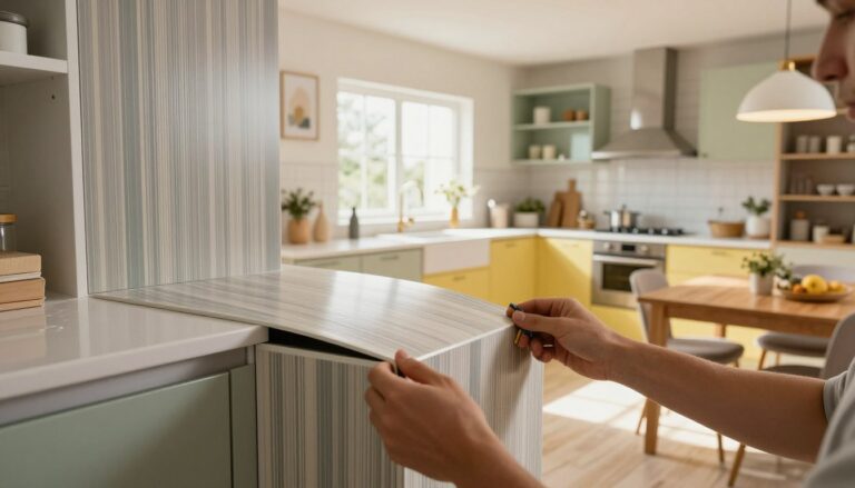 Rénovation d'une cuisine moderne avec un plan de travail propre et des meubles relookés