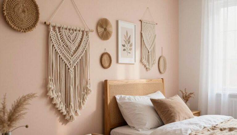 Idée de déco murale de chambre cocooning avec des cadres et une création en macramé.