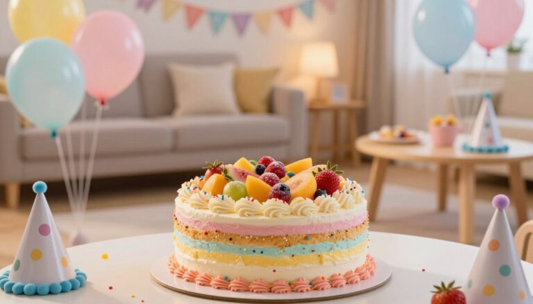 Un gâteau d'anniversaire maison facile et décoré avec des fruits sur une table de fête