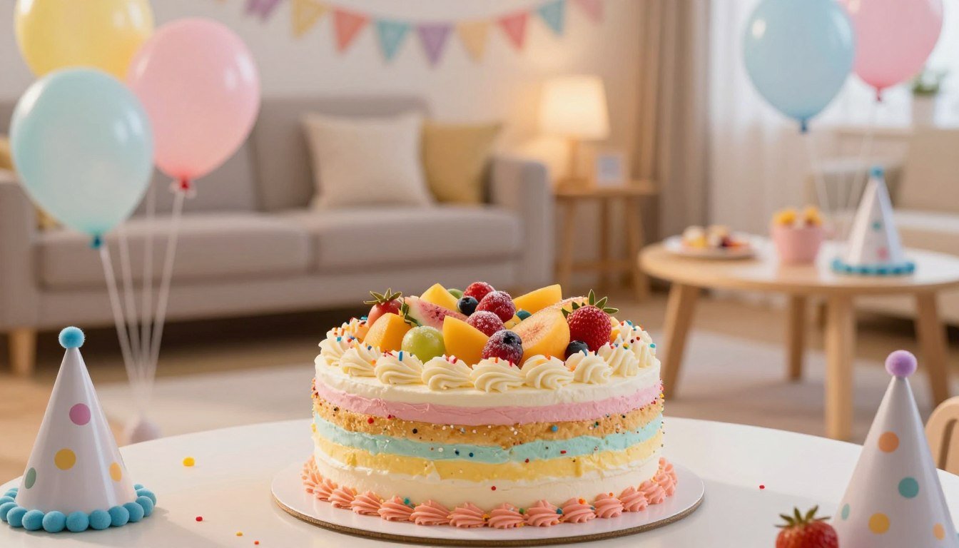 Un gâteau d'anniversaire maison facile et décoré avec des fruits sur une table de fête