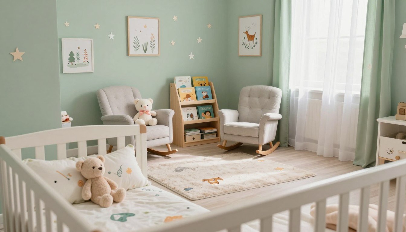 Une chambre bébé mixte avec un mur vert sauge, un lit à barreaux blanc et une décoration douce et naturelle.