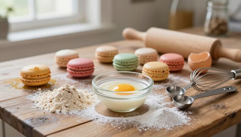 Des macarons maison colorés en préparation sur une table avec de la farine et des ustensiles.