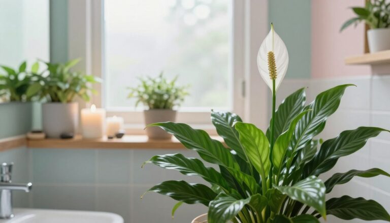 Une plante Spathiphyllum (Fleur de lune) dans une salle de bain zen et lumineuse