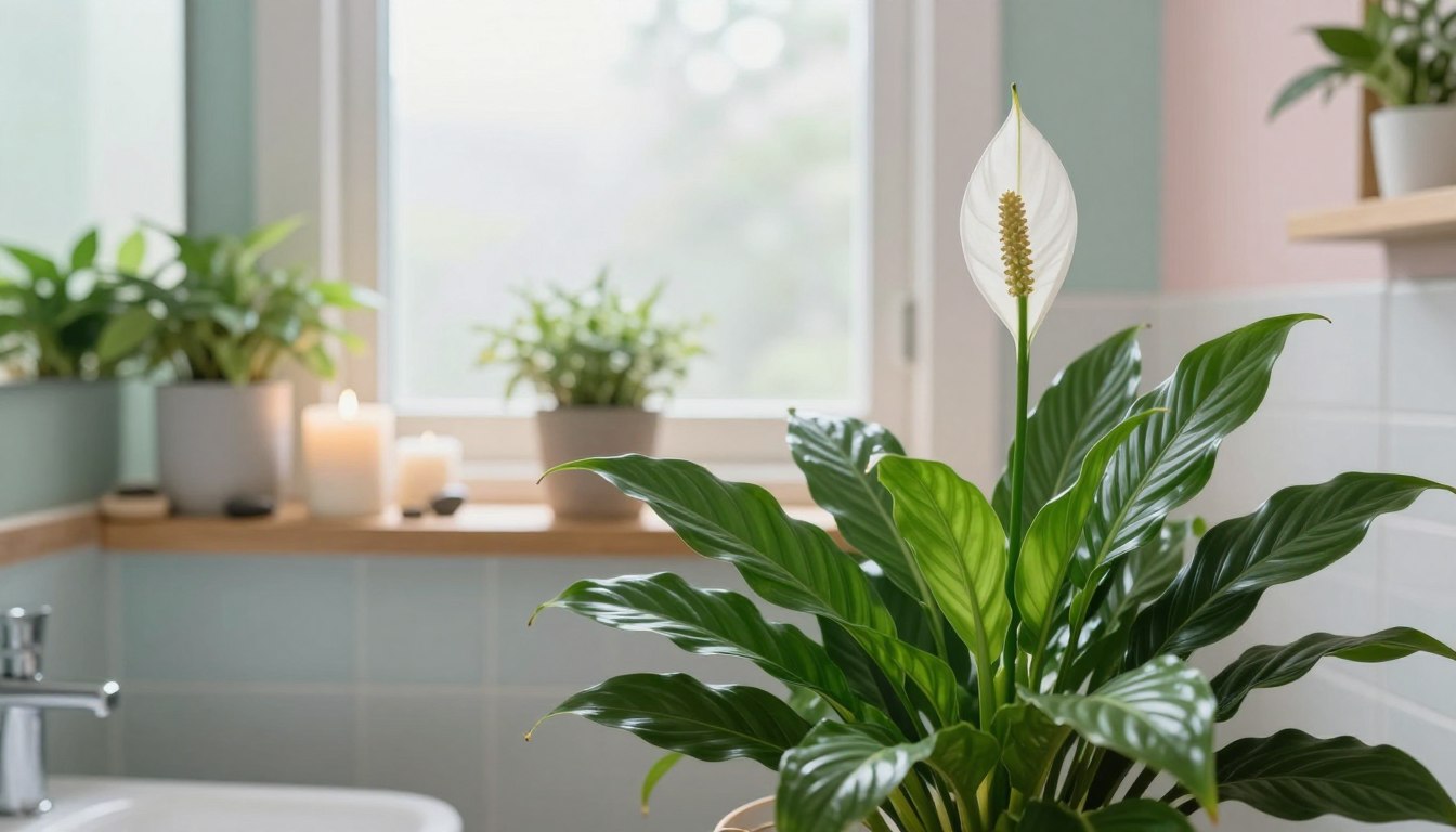 Une plante Spathiphyllum (Fleur de lune) dans une salle de bain zen et lumineuse