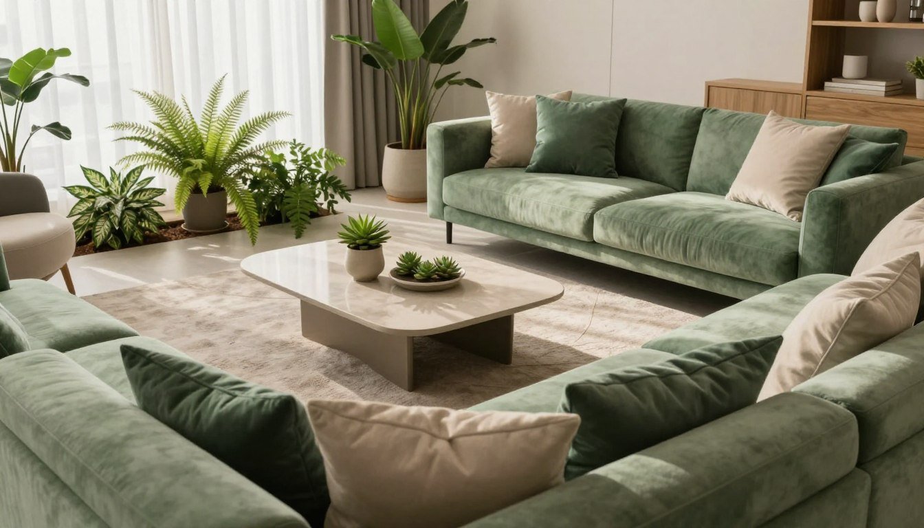 Un salon moderne et chaleureux avec un grand canapé d'angle vert sauge, une table basse en bois et des plantes vertes.