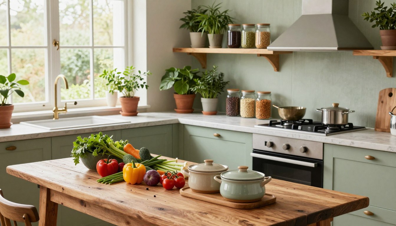 Cuisine moderne en vert sauge et bois avec plan de travail chaleureux style nature et cosy.
