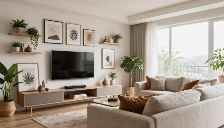 Aménagement d'un mur TV design avec tasseaux de bois et plantes dans un salon élégant.