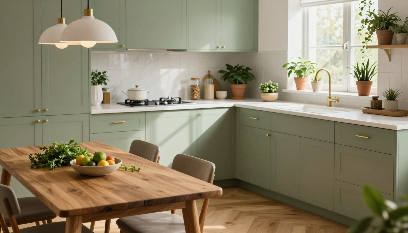 Aménagement d'une petite cuisine vert sauge moderne et lumineuse.