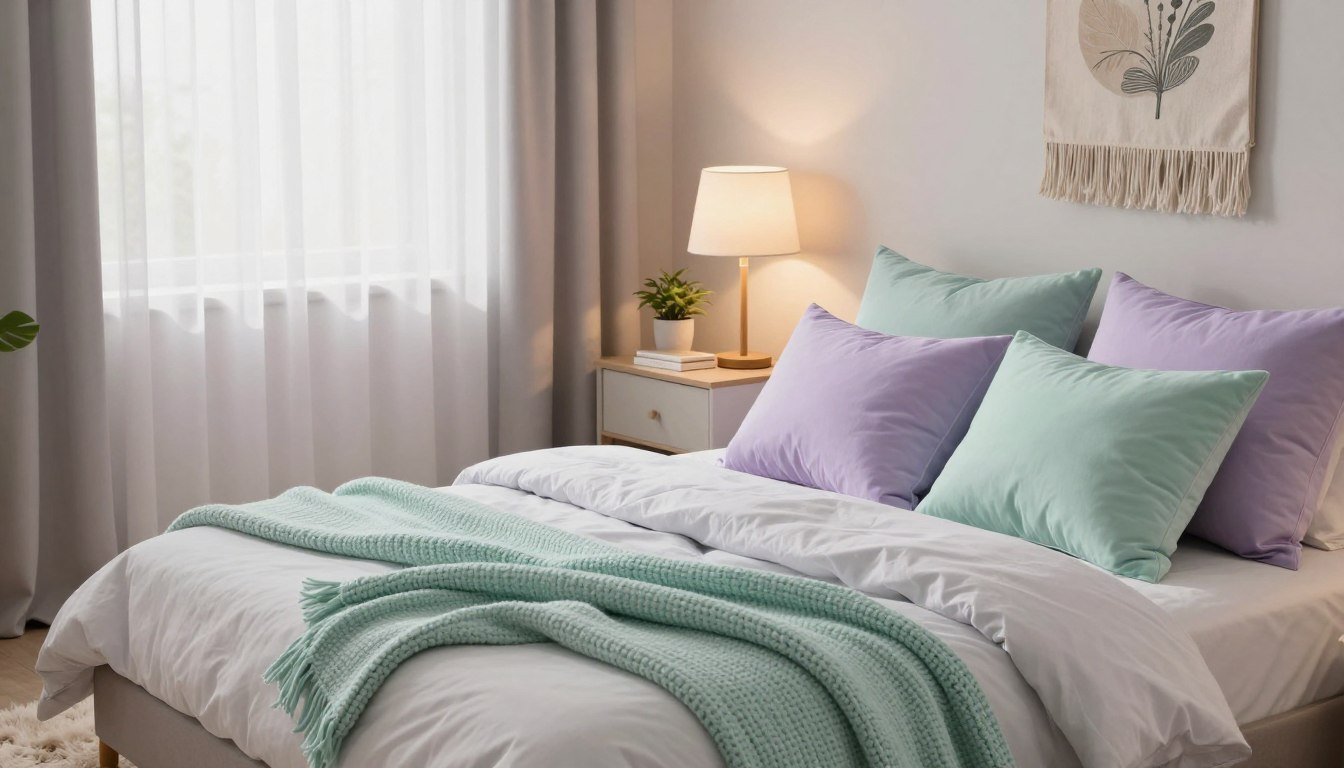 Idée de couleur pour une chambre à coucher cocooning et apaisante avec des coussins lilas et verts