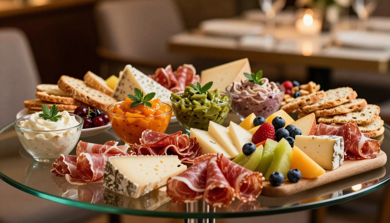 Une grande planche apéro chic et gourmande avec assortiment de charcuterie, fromages, raisins, olives et biscuits salés.