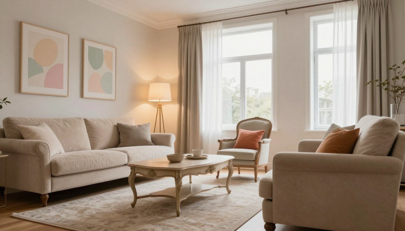 Un petit salon élégant et moderne aménagé avec un canapé beige et des couleurs claires