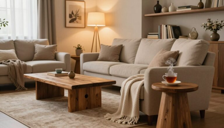 Salon élégant et moderne avec un mélange de textures chic et cocooning pour une décoration chaleureuse.