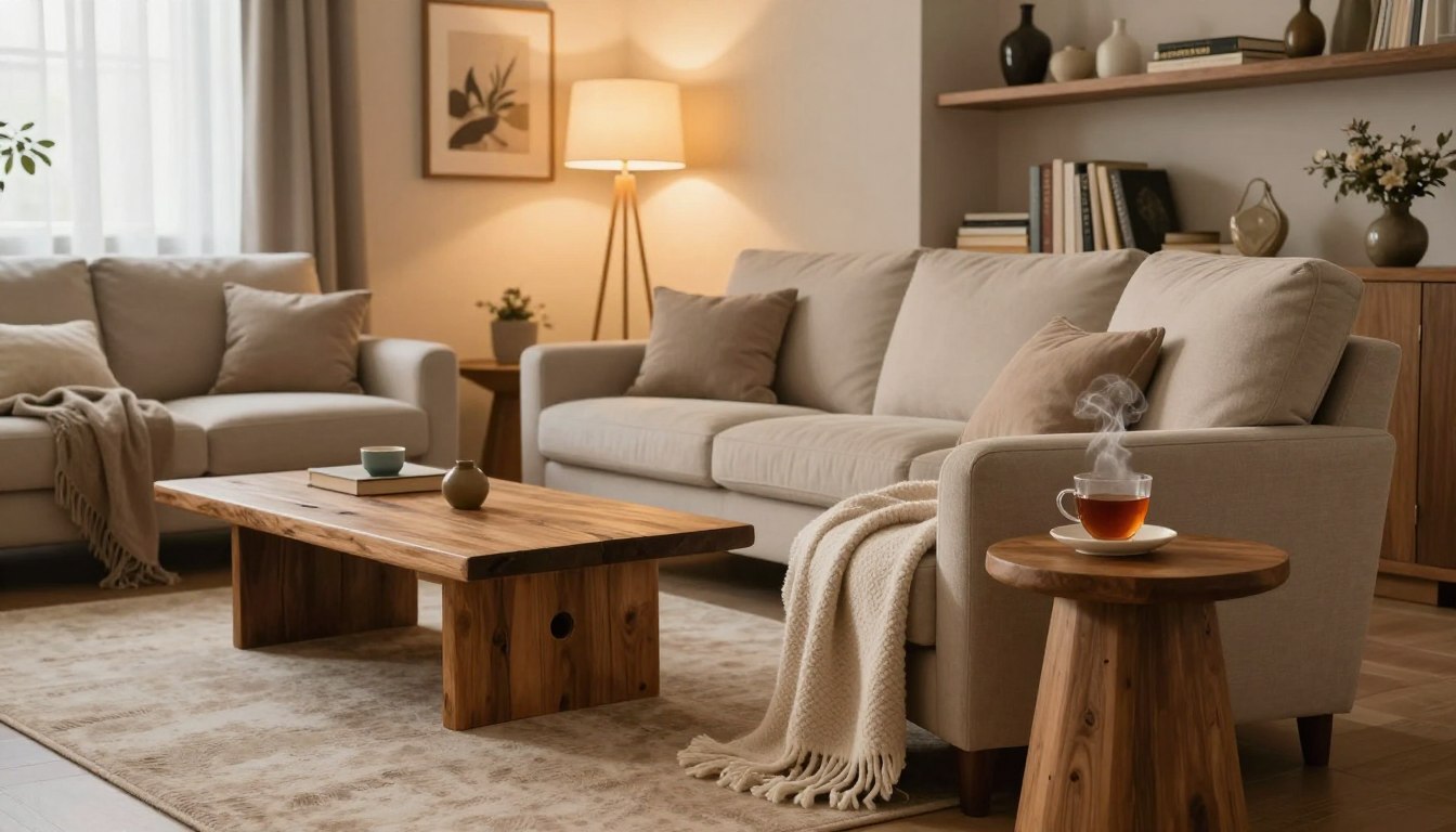 Salon élégant et moderne avec un mélange de textures chic et cocooning pour une décoration chaleureuse.