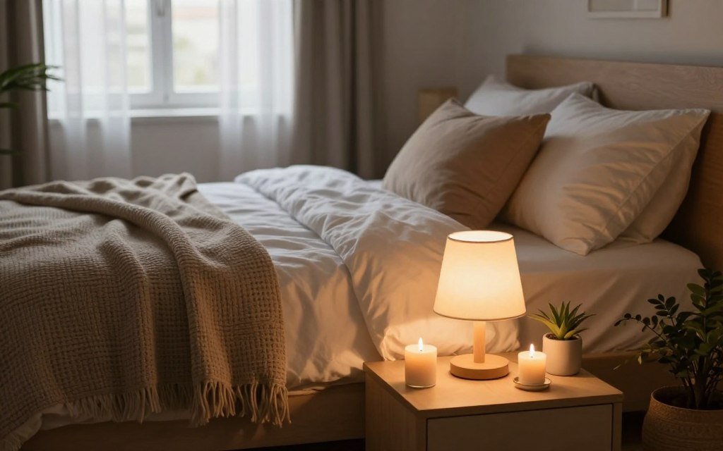Une chambre à coucher cocooning avec un éclairage chaleureux et un lit douillet