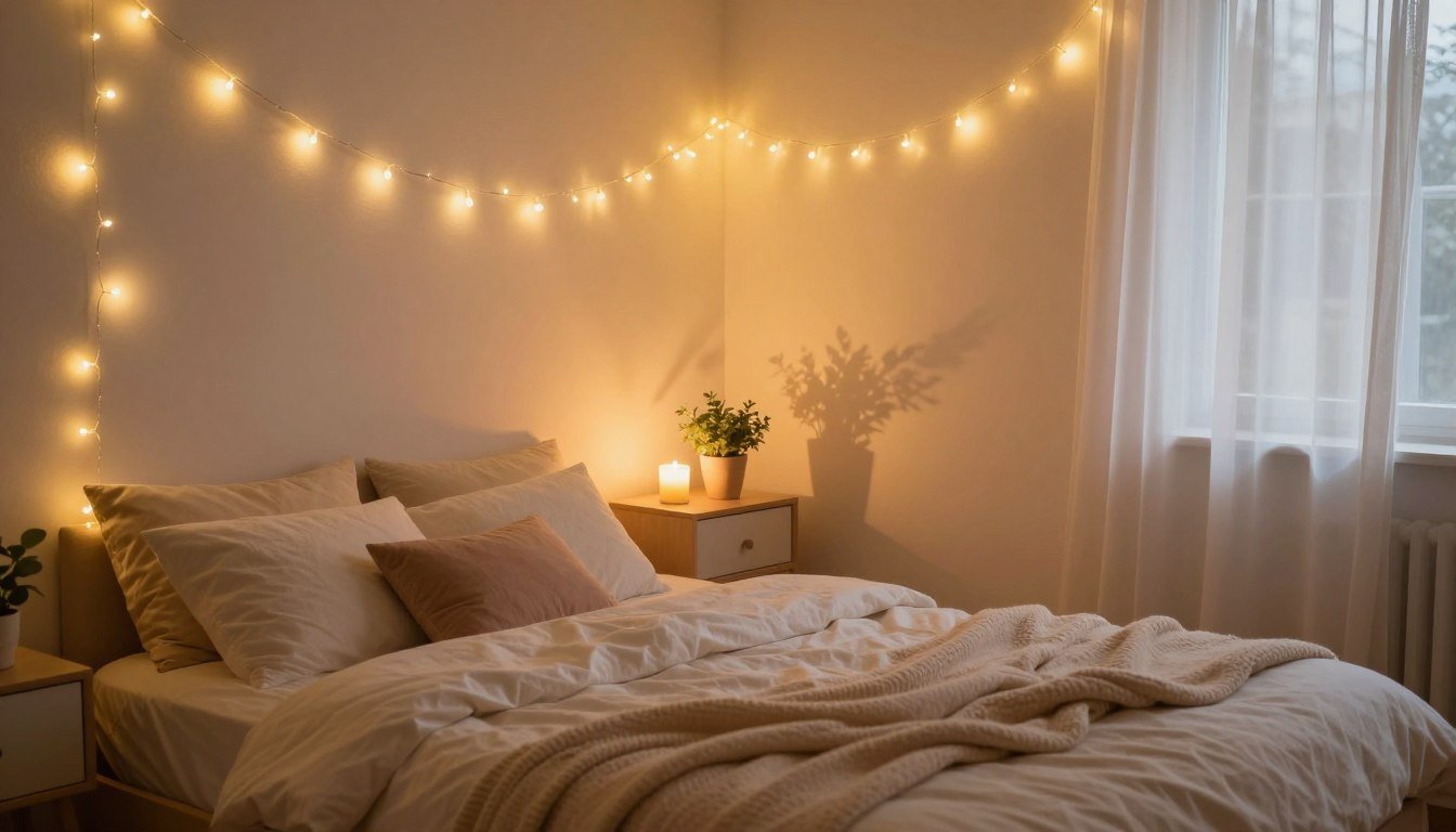 Une chambre à coucher cocooning avec un lit douillet éclairé par une guirlande lumineuse chaleureuse fixée au mur.