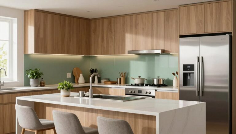Idée de couleur de crédence pour une cuisine vert sage moderne avec meubles en bois.