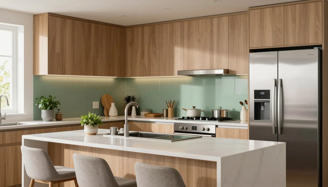 Idée de couleur de crédence pour une cuisine vert sage moderne avec meubles en bois.