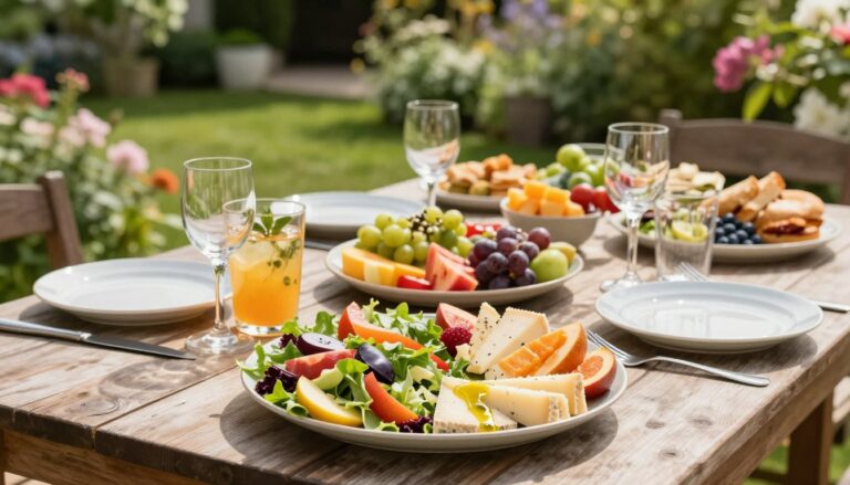 Table de jardin d'été décorée avec des recettes saines et une salade fraîche.