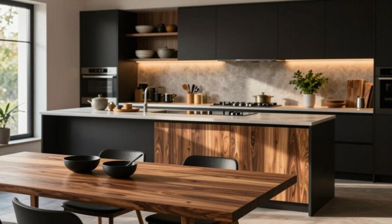 Cuisine moderne et élégante avec des meubles noirs mats et un îlot central en bois chaleureux.