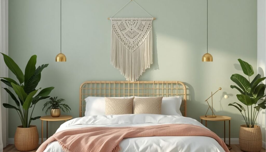 Une chambre parentale moderne avec un mur de couleur vert sauge, un lit en bois et une décoration style bohème chic.