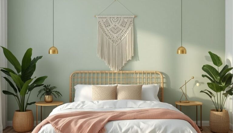 Une chambre parentale moderne avec un mur de couleur vert sauge, un lit en bois et une décoration style bohème chic.