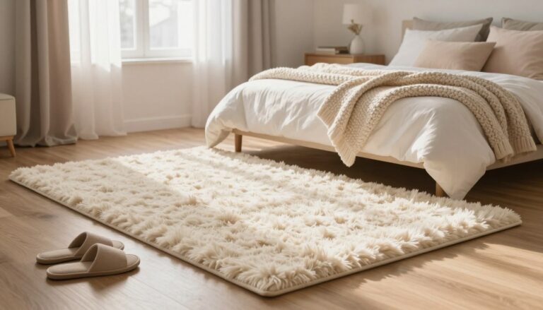 Un grand tapis de chambre cocooning blanc et doux posé à côté d'un lit douillet.