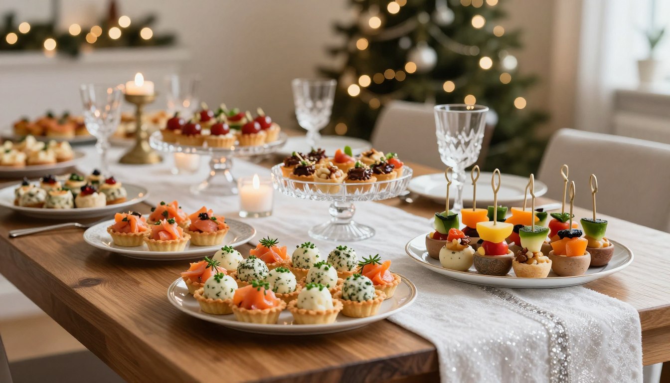 Feuilleté apéro chic pour Noël disposé sur une table festive près du sapin.