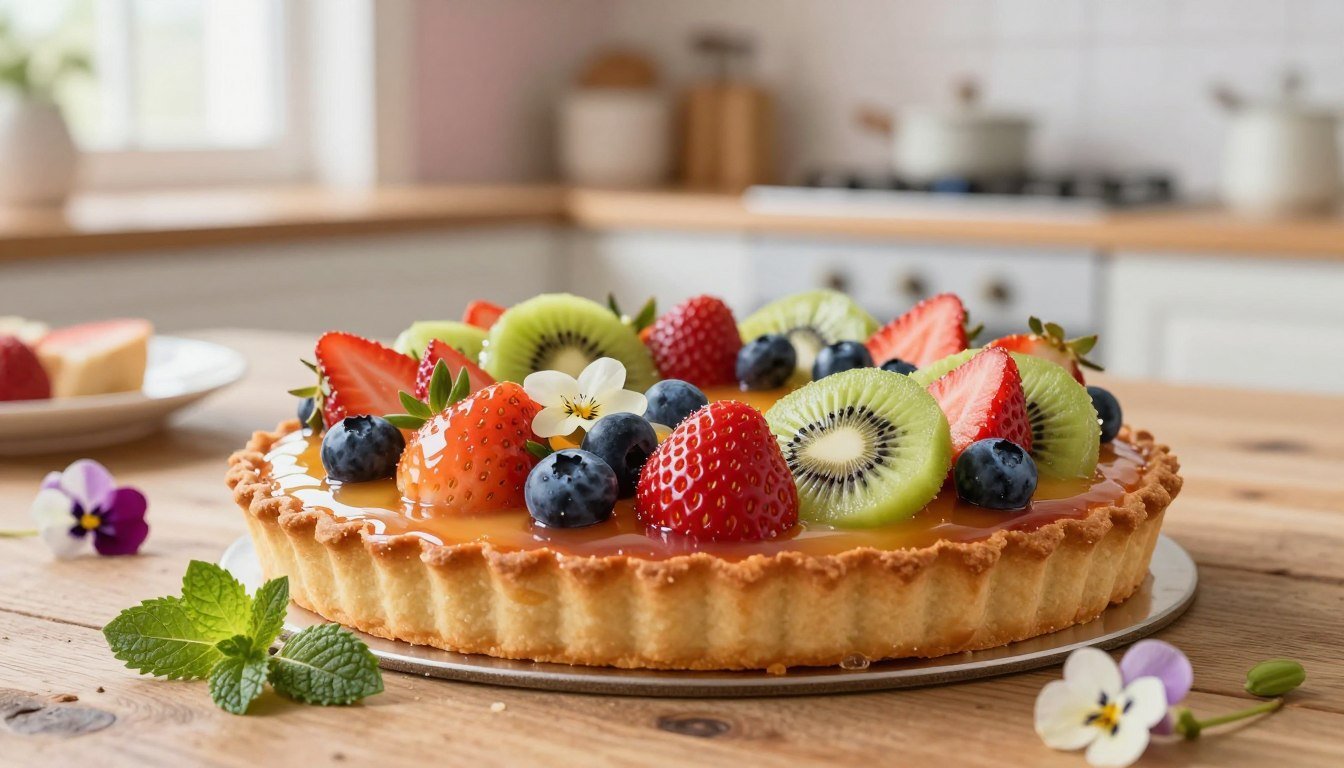 Une magnifique tarte aux fruits maison décorée de fraises, kiwis et myrtilles, posée sur une table en bois dans une cuisine.