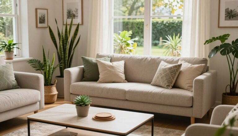 Un salon élégant aménagé avec un petit budget, comprenant un canapé beige, des plantes d'intérieur et une table basse.