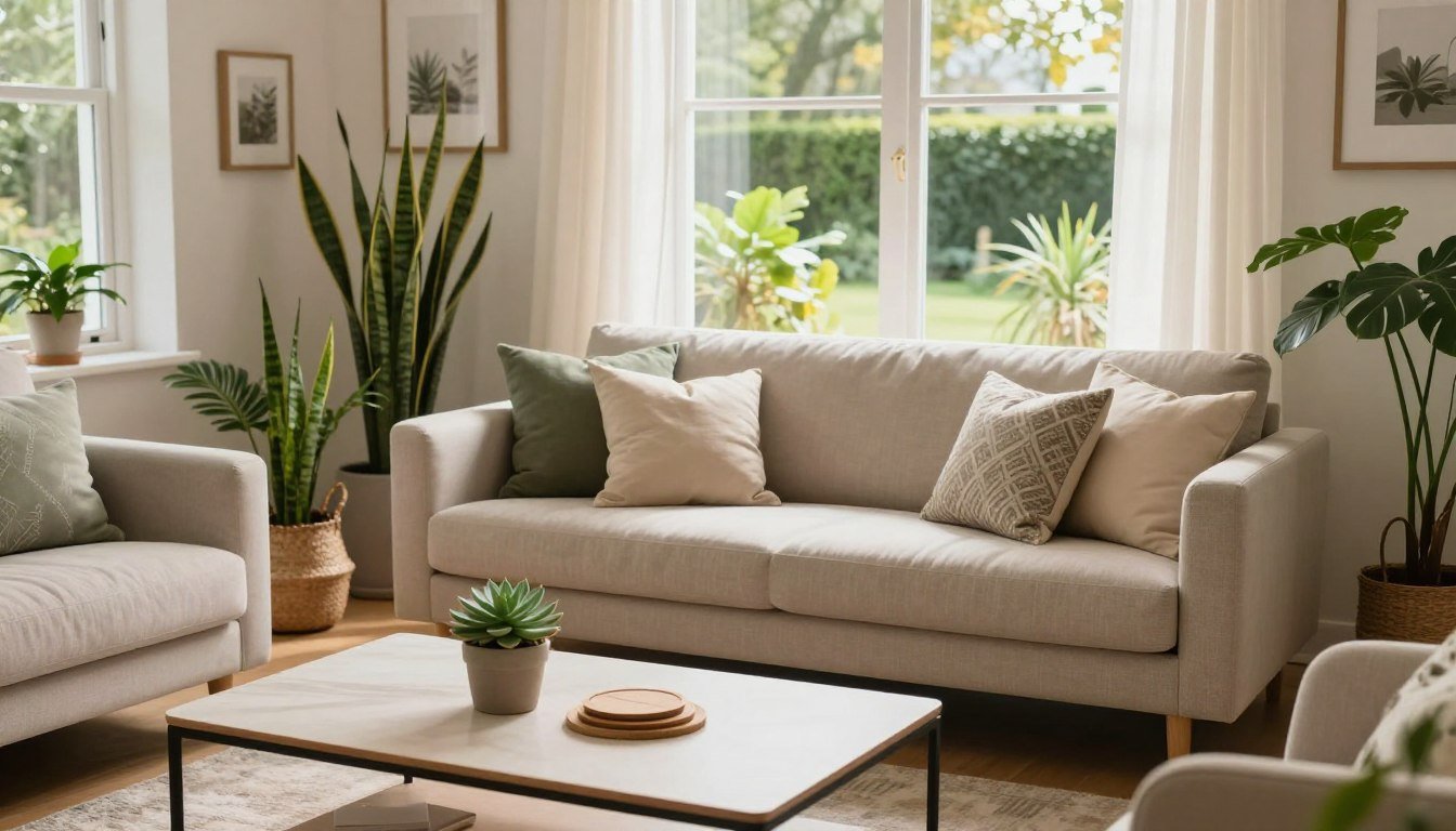 Un salon élégant aménagé avec un petit budget, comprenant un canapé beige, des plantes d'intérieur et une table basse.