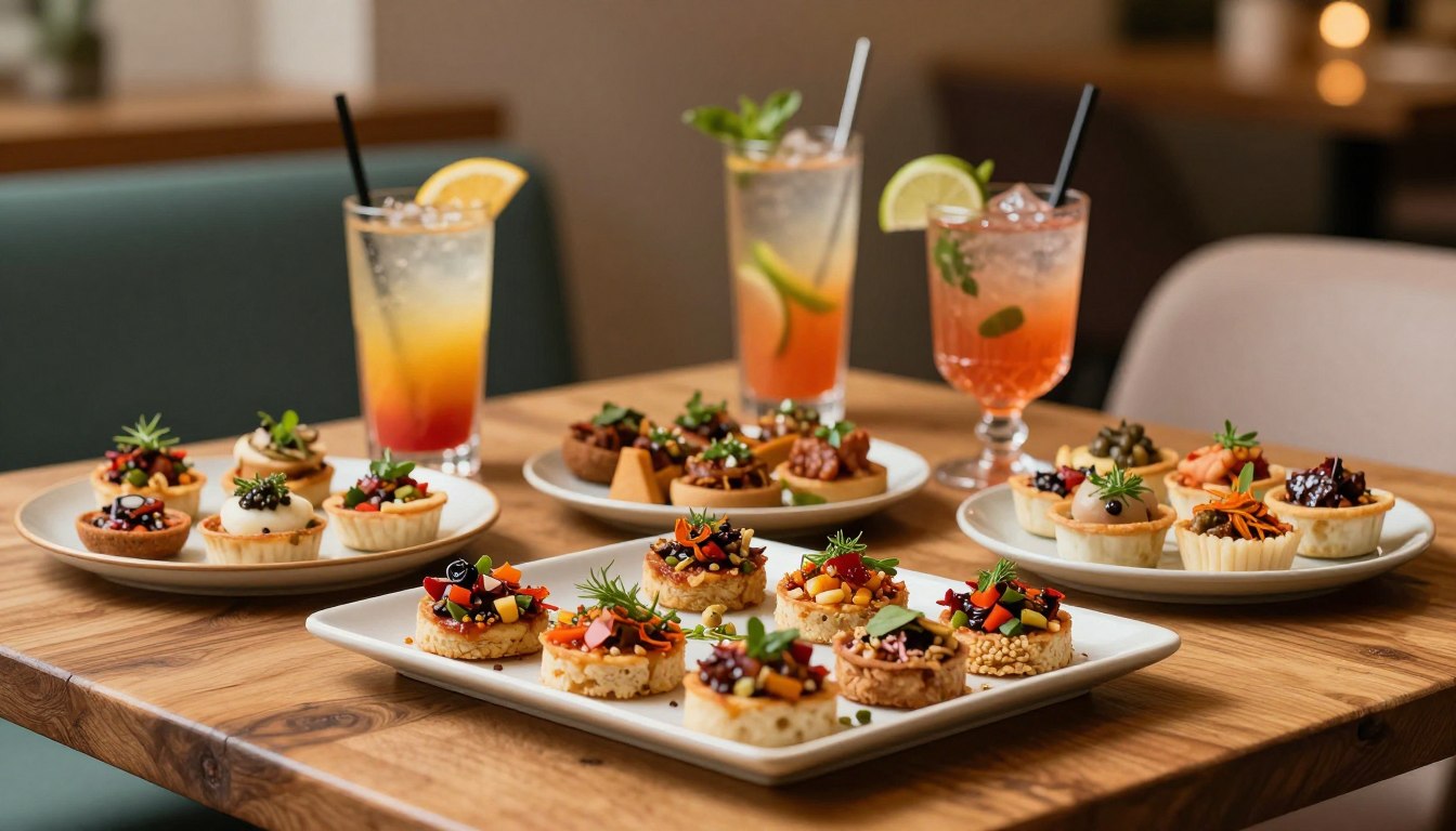 Assortiment de bouchées chics pour apéritif sans alcool accompagné de mocktails rafraîchissants.